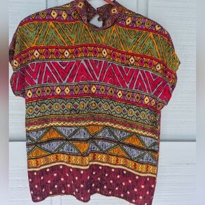 VTG 90S Marsha Brander Componix Multicolor Aztex Print Blouse Size 10 Boho